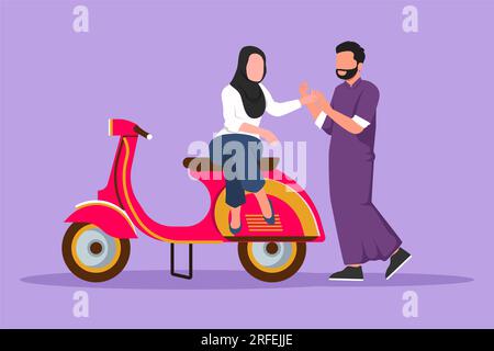 Flaches Grafikdesign, das Fahrer auf Reisen zieht. Romantische Flitterwochen, sitzen und reden auf dem Motorrad. Ein Araber mit einer schönen Frau Stockfoto