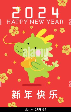 Süßer chinesischer Drache mit einer goldenen Sycee-Barot-cny-Karte 2024. Jahr des Drachen Grußkarte Illustration mit Glücksgeld, Wishing Wealth. Stock Vektor