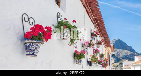 Alfarnatejo Mauern, weißes Dorf auf dem Hügel der Malaga Berge, Andalusien, Spanien. Stadthäuser Stockfoto