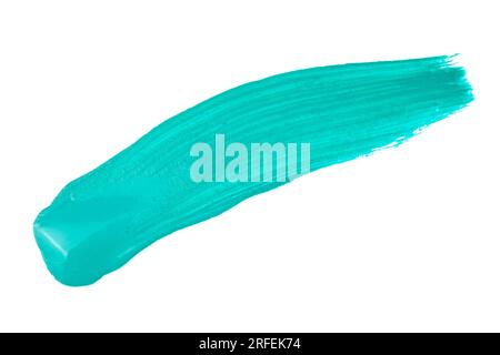 Blau-türkisfarbener Pinselstrich isoliert auf weißem Hintergrund. Türkisfarbener abstrakter Schlaganfall. Farbenfrohe Pinselstriche in Aquarellfarben. Stockfoto