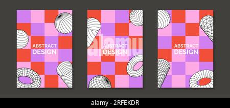 Set mit bunten, geometrischen Neo-Design-Postern. Kollektion aus 3D Torus-, Kegel-, Zylinder- und Kugelformen auf kariertem Hintergrund. Set mit Retro-futuristischen Vorlagen für Deckblatt, Banner, Flyer. Vektorpaket Stock Vektor