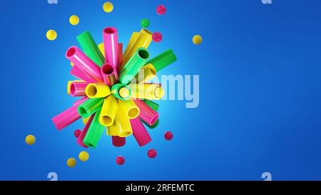 Abstrakter Hintergrund mit hellen Farben. Eine Mischung aus Luftballons und Rohren, die auseinander fliegen, eine süße und bunte Weihnachtskarte. 3D-Rendering. Stockfoto