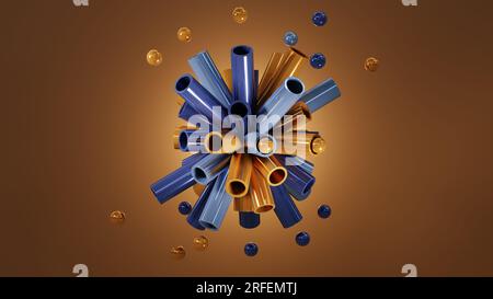 Abstrakter Hintergrund mit hellen Farben. Eine Mischung aus Luftballons und Rohren, die auseinander fliegen, eine süße und bunte Weihnachtskarte. 3D-Rendering. Stockfoto