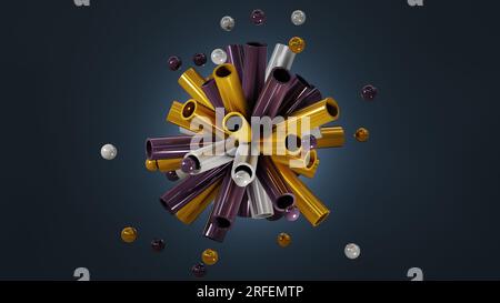 Abstrakter Hintergrund mit hellen Farben. Eine Mischung aus Luftballons und Rohren, die auseinander fliegen, eine süße und bunte Weihnachtskarte. 3D-Rendering. Stockfoto