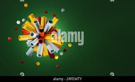 Abstrakter Hintergrund mit hellen Farben. Eine Mischung aus Luftballons und Rohren, die auseinander fliegen, eine süße und bunte Weihnachtskarte. 3D-Rendering. Stockfoto