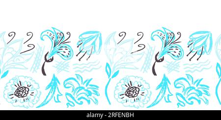 Nahtloser Blumenrand. Blaue Blumenmuster. Zeichnungen mit Wachsstiften. Vektordesign für Papier, Einband, Stoff, Inneneinrichtung und andere Zwecke Stock Vektor