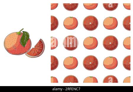 Mit Handzeichen. Grapefruit, rot-orange. Nahtloses Muster mit tropischen Früchten. Kann als Stoff verwendet werden Stock Vektor