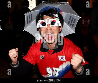 Koreanische Fans vor der FIFA Women's World Cup 2023 Group H South Korea Women vs Germany Women at Brisbane Stadium, Brisbane, Australien, 3. August 2023 (Foto: Patrick Hoelscher/News Images) Credit: News Images LTD/Alamy Live News Stockfoto