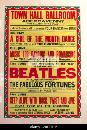 Poster vom Abergavenny Town Hall Ballroom Mai/Juni 1963 - 22. Juni The Beatles, Fabulous Fortunes, Ricky Ford und The Crossfire, Wales, Großbritannien Stockfoto