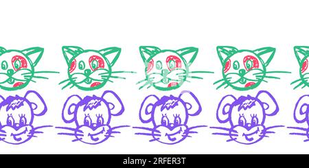 Nahtloser Rand mit Tierdesign. Katzen und Hunde. Zeichnungen mit Wachsstiften. Vektordesign für Papier, Einband, Stoff, Inneneinrichtung und andere Zwecke Stock Vektor