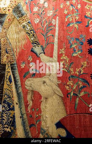 Frankreich, Paris, das UNESCO-Weltkulturerbe, Cluny National Museum of Middle Ages, The Lady and the Unicorn (La Dame à la licorne) ist der moderne Titel, der einer Reihe von sechs Wandteppichen verliehen wurde, die im Ende des 15. Jahrhunderts in Flandern gewebt wurden, The Touch Stockfoto