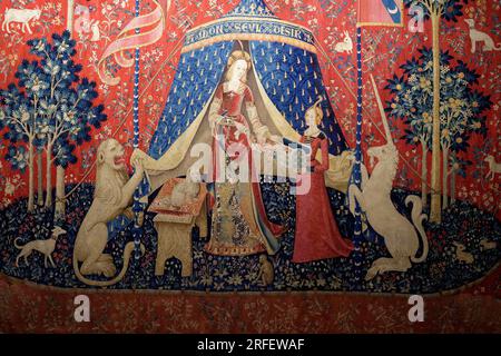 Frankreich, Paris, das UNESCO-Weltkulturerbe, Cluny Nationalmuseum des Mittelalters, die Lady Lady und das Einhorn (La Dame à la licorne) ist der moderne Titel, der einer Reihe von sechs Wandteppichen verliehen wurde, die in Flandern am Ende des 15. Jahrhunderts gewebt wurden, Mein einziger Wunsch Stockfoto