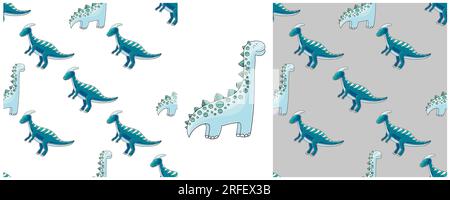 Handgezeichnete Set-Dinosaurier mit nahtlosem Muster. Dinosaurierhintergrund in Blau. Drucken Stock Vektor