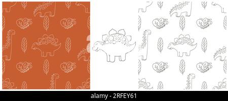 Dinosaurier-Ausmalset. Handgezeichnete niedliche Dinosaurier, nahtloses Muster. Druck für Stoffdesign, Textil, Stoff Stock Vektor