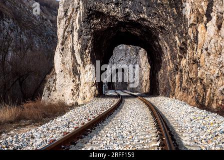 Alte Eisenbahn durch kurze Tunnel in malerischer ländlicher Landschaft Stockfoto