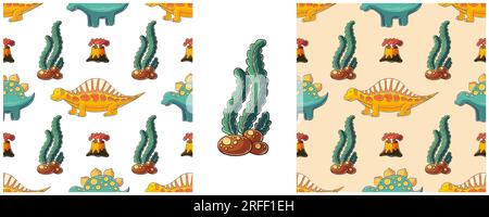 Handgezeichnete Set-Dinosaurier mit nahtlosem Muster. Dinosaurier der Jurassic-Zeit. Drucken für Textildesign Stock Vektor