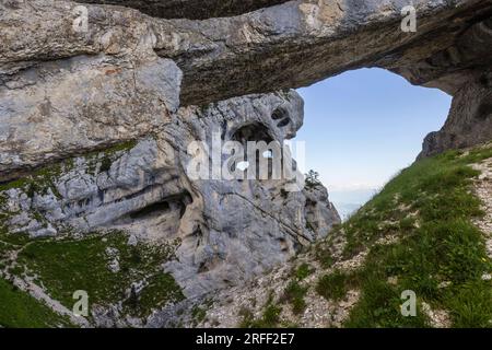 Frankreich, Isere, Massif de la Chartreuse, Arche Isabelle, Tour Percée oder Tour Isabelle. Der Grande Arche de Chartreuse ist der größte Bogen in den Alpen, seine Öffnung ist etwa 29 Meter lang. Vor der Arche befinden sich zwei Löcher im Felsen, die zwei Augen genannt werden. Es gibt keinen gekennzeichneten Pfad für Wanderer, um dorthin zu gelangen. Stockfoto