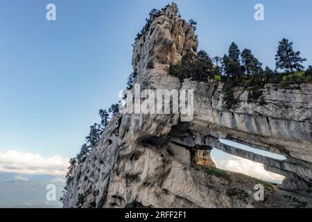 Frankreich, Isere, Massif de la Chartreuse, Arche Isabelle, Tour Percée oder Tour Isabelle. Der Grande Arche de Chartreuse ist der größte Bogen in den Alpen, seine Öffnung ist etwa 29 Meter lang. Vor der Arche befinden sich zwei Löcher im Felsen, die zwei Augen genannt werden. Es gibt keinen gekennzeichneten Weg für Wanderer, um dorthin zu gelangen. (Luftaufnahme) Stockfoto