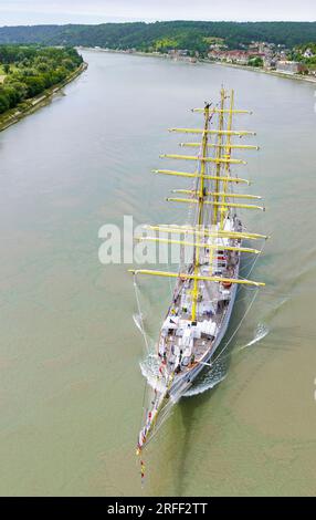 Frankreich, seine-Maritime, Caudebec-en-Caux, auch Rives-en-seine genannt, Armada 2023, Das indonesische Trainingsschiff Bima Suci mit drei-Mast-Barque segelt vor der Stadt, Blick von der Brotonenbrücke Stockfoto