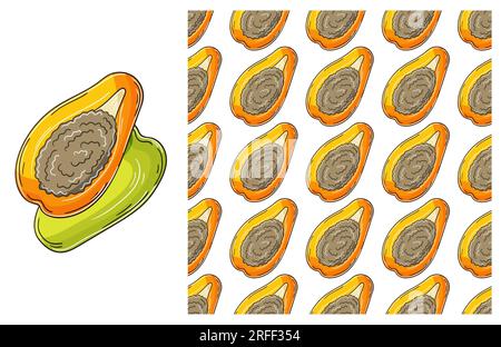 Nahtloses Muster für Küche, Restaurant oder Geschäft. Papaya, Melonenbaum. Mit Handzeichen. Einsetzbar für Stoff, Verpackung, Geschenkpapier und et Stock Vektor