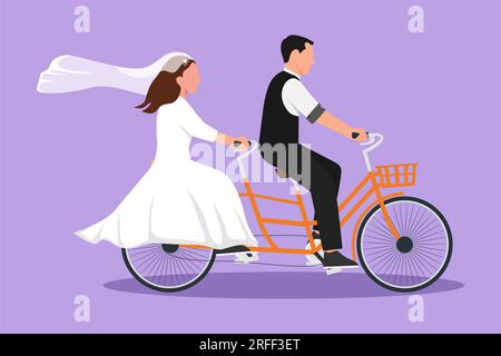 Flaches Grafikdesign, das ein süßes, romantisches Ehepaar anzieht. Das süße Paar fährt zusammen ein Tandem-Fahrrad. Glückliche, süße Familie. Intimität feiert Hochzeit Stockfoto