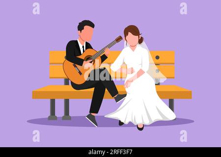 Eine flache Zeichentrickfigur, die ein verheiratetes Paar auf einer Holzbank im Park zeichnet. Ein Mann spielt Musik auf der Gitarre, ein wunderschönes Mädchen hört zu und singt zusammen Stockfoto