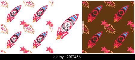 Nahtloses Muster im Raum. Raketen, Kometen. Zeichensätze mit Wachsstiften. Druck für Stoffdesign, Textil, Stoff, Geschenkpapier Stock Vektor