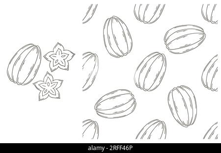 Farbmuster mit tropischen Früchten. Karambola, Sternenfrucht. Mit Handzeichen. Kann für Stoff, Verpackung, Geschenkpapier usw. verwendet werden Stock Vektor