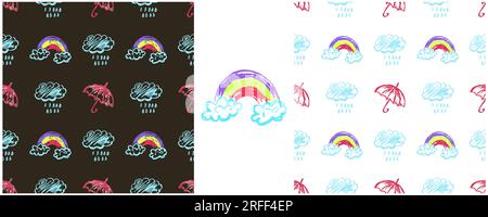 Regenschirme mit nahtlosem Muster. Zeichensätze mit Wachsstiften. Wolken, Regen. Druck für Stoffdesign, Textil, Stoff, Tapete Stock Vektor