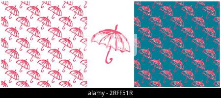 Regnerisches Nahtmuster. Zeichensätze mit Wachsstiften. Regenschirme. Druck für Stoffdesign, Textil, Stoff, Tapete, Verpackung Stock Vektor