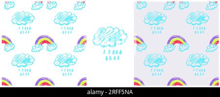 Nahtloses Himmelsmuster. Zeichensätze mit Wachsstiften. Wolken, Regenbogen. Druck für Stoffdesign, Textil, Stoff, Tapete Stock Vektor
