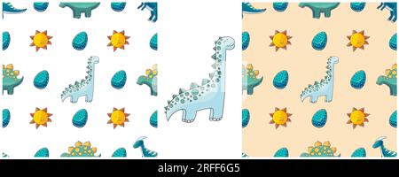 Handgezeichnete Set-Dinosaurier mit nahtlosem Muster. Dinosaurier der Jurassic-Zeit. Druck für Stoffdesign, Textil Stock Vektor