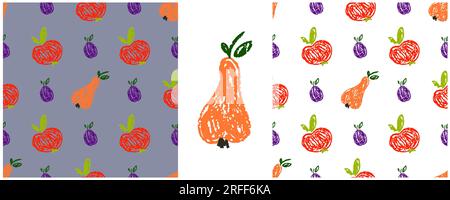 Nahtloses Fruchtmuster. Zeichensätze mit Wachsstiften. Äpfel, Birnen, Beeren. Drucken für Textildesign Stock Vektor