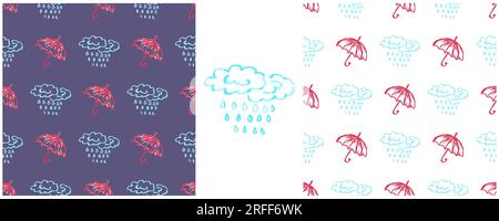 Regenschirme mit nahtlosem Muster. Zeichensätze mit Wachsstiften. Wolken, Regen. Druck für Stoffdesign, Textil, Stoff Stock Vektor