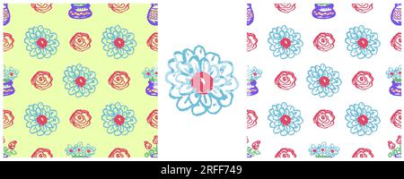Nahtloses Blumenmuster. Zeichensätze mit Wachsstiften. Blumen in einer Vase. Druck für Stoffdesign, Textil, Stoff Stock Vektor