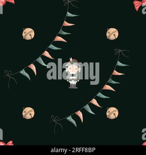 Wasserfarbener weihnachtlicher Nussknacker mit nahtlosen Mustern, Flaggen und grünen Bällen auf dunkelgrünem Hintergrund. Weihnachtsmotiv für Tischdecken und Servietten Stockfoto