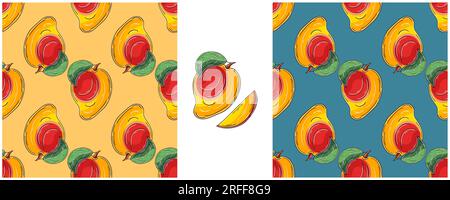 Nahtloses Muster für Küche, Restaurant oder Geschäft. Farbe im Handzeichenstil. Mango. Kann als Stoff verwendet werden Stock Vektor