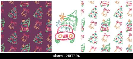 Nahtloses Weihnachtsmuster. Neujahr, Feiertage. Zeichensätze mit Wachsstiften. Für Stoff drucken Stock Vektor