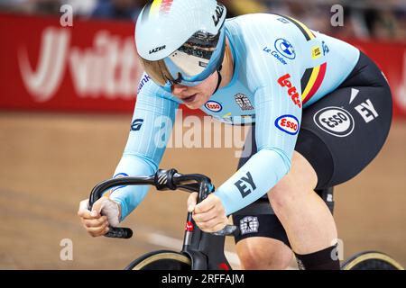 Glasgow, Großbritannien. 03. Aug. 2023. Der belgische Nicky Degrendele wurde während der Qualifikationsveranstaltung des Women Elite Team Sprint in Glasgow, Schottland, im Rahmen der UCI World Championships Cycling am Donnerstag, den 03. August 2023, in Aktion gezeigt. UCI organisiert die Welten mit allen Disziplinen des Radfahrens, des Straßenrades, Indoor-Radsports, Mountainbikes, BMX-Rennen, Straßen- und Hallenparkradfahren, in Glasgow vom 05. Bis 13. August. BELGA FOTO DAVID PINTENS Kredit: Belga News Agency/Alamy Live News Stockfoto