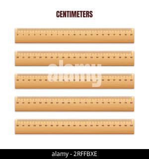 Realistische verschiedene Holzlineale mit Messskala und Teilungen messen Markierungen. Schullineal, Zentimeter- und Zoll-Skala für Längenmessungen Stock Vektor