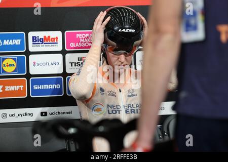 Glasgow, Großbritannien. 02. Aug. 2023. GLASGOW, SCHOTTLAND - AUGUST 2 2023: Kyra Lamberik der Niederlande während des Women Elite Team Sprint am 1. Tag der UCI Cycling World Championships 96. in Glasgow, Schottland, am 2. August 2023. (Foto: Tim Buitenhuis/BSR Agency) Kredit: BSR Agency/Alamy Live News Stockfoto