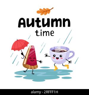 Hallo, gemütliche Herbstpostkarte. Herbstzeitschrift. Fröhliches Stück Kuchen mit Schirm und einer Tasse Kakao in Gummistiefeln, die im Regen durch Pfützen springen. Zeichentrickfilm Stock Vektor