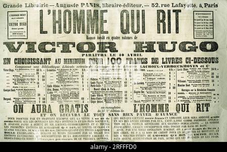 Reclame pour la vente par souscription de' l'homme qui rit ' de Victor Hugo (1802-1885), roman inedit en 4 Bände, editeur la grande librairie, Auguste Panis, Paris, 1869. Publicite Parue dans Le Temps, Datum 7, April 1869. Stockfoto