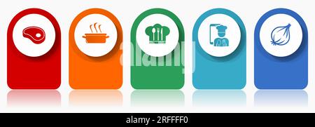Symbolset für Lebensmittel, verschiedene Vektorsymbole wie Steak, Topf, Hut und Zwiebeln, Infografik-Vorlage mit modernem Design, Web-Schaltflächen in 5 Farboptionen Stock Vektor