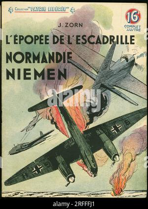 Couverture d'un illustre pour la jeunesse 'L'epopee de l'escadrille Normandie Niemen' de J.Zorn, Editions Rouff, Sammlung Patrie liberee, numero 23, 1946, Paris. Stockfoto