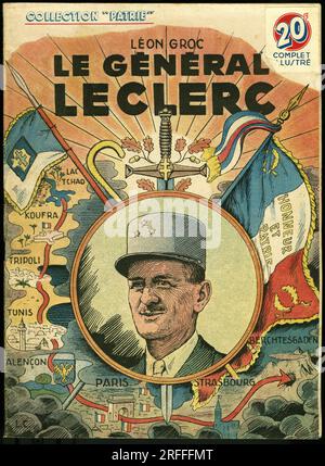 Couverture d'un illustre pour la jeunesse 'Le General Leclerc' (Puis marechal) Philippe Leclerc de Hauteclocque (1902-1947) de Leon Groc (1882-1956), Editionen Rouff, Collection Patrie, numero 56, 1948, Paris. Stockfoto
