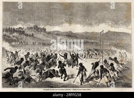 Une partie de balle chez les Indiens Choctaws, Tribu de la Region du Mississipi, dessin de Gustave Dore (1832-1883), pour Illustrator le voyage du Mississipi aux cotes de l'Ocean Pacifique, en 1853-1854, de Baudouin Mollhausen (1825-1905). Gravure in „Le Tour du Monde, Nouveau Journal des Voyages“ Paris, 1860. Stockfoto