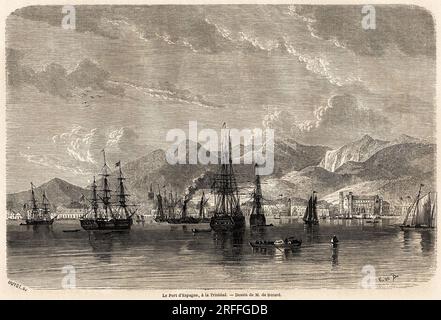 Le Port d'Espagne, a la Trinidad ( Trinite et tobago), dessin de Evremond Auguste de Berard (1824-1881), pour Illustrator les voyages aux Indes occidentales, en 1858-1859, de Anthony Trollope (1815-1882). Gravure in „Le Tour du Monde, Nouveau Journal des Voyages“ Paris, 1860. Stockfoto