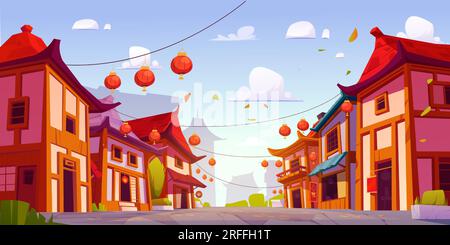 Asiatische Stadtstraße mit Gebäuden entlang der Straße. Vektor-Cartoon-Illustration alter chinesischer Gebäude, Geschäfte, Cafés, traditioneller Restaurants, dekoriert mit roten Papierlaternen, weiße Wolken am blauen Himmel Stock Vektor