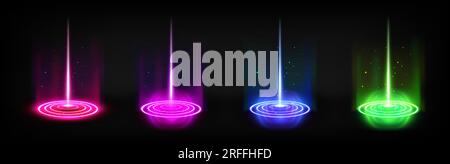 Ein Satz runder Hologrammportale mit Farb-Lichteffekt. Vektorrealistische Darstellung futuristischer Spielpodien mit leuchtenden Laserstrahlen, Neonfarben-Teleports isoliert auf transparentem Hintergrund Stock Vektor